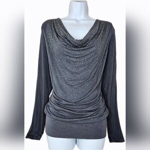 i Jeans By Buffalo Cowel Neck Banded Hem Rhinestone Long Sleeve Top Gray Size XL